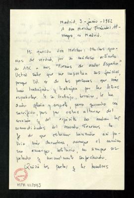 Carta de Ramón de Garciasol a Melchor Fernández Almagro en la que le agradece su cariñoso artícul...