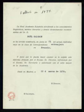 Minuta del diploma de Noël Salomon de individuo correspondiente extranjero en Francia