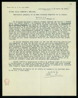 Carta de C. F. Adolf van Dam a Julio Casares en la que acusa recibo del ejemplar de la 16.ª edici...