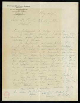 Carta de Enrique Martínez Sobral, secretario de la Academia Mexicana, a Emilio Cotarelo y Mori en...