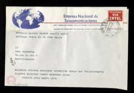 Telegrama de Rodolfo Oroz y Pedro Lira a la Real Academia Española con el que la Academia Chilena...