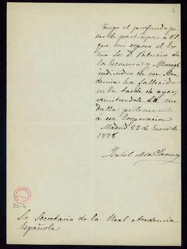 Carta de Isabel de la Escosura al secretario [Manuel Tamayo y Baus] en la que comunica el falleci...
