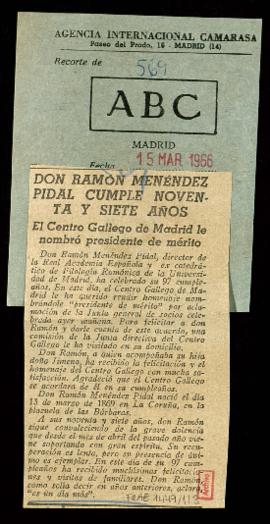 Recorte del diario ABC con el artículo Don Ramón Menéndez Pidal cumple noventa y siete años