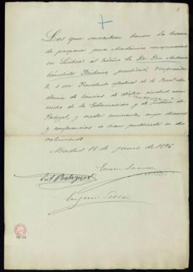 Propuesta firmada por Eduardo Saavedra, V[íctor] Balaguer y Eugenio Sellés de António Cândido Rib...