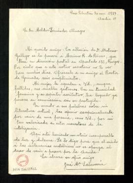 Carta de José María Salaverría a Melchor Fernández Almagro en la que le dice que la adhesión de A...