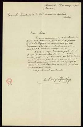 Carta de Ludwig Pfandl al director en la que expresa su agradecimiento por su nombramiento como a...