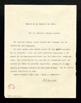 Copia firmada de la carta de E. Cotarelo a Narciso Alonso Cortés en la que acusa recibo de la dev...
