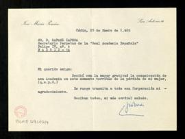 Carta de José María Pemán a Rafael Lapesa, secretario, en la que agradece la comunicación de la A...