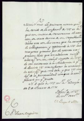 Carta del duque de Alba a Juan [de] Trigueros en la que celebra el restablecimiento de su salud