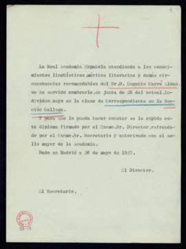 Minuta del diploma de Eugenio Carré Aldao de académico correspondiente en Galicia