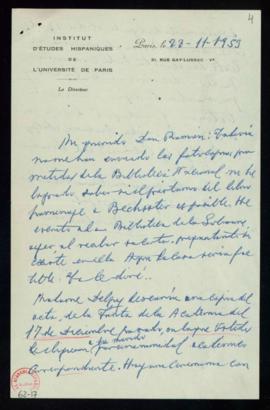 Carta de Aurelio Viñas a Ramón Menéndez Pidal en la que le traslada el interés de Madame Delpy de...