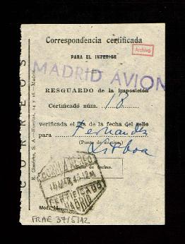 Recibo de correspondencia certificada para Fernández en el destino Lisboa