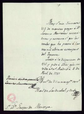 Orden de Manuel de Lardizábal del pago a Lorenzo Muntaner de 990 reales de vellón por los rótulos...
