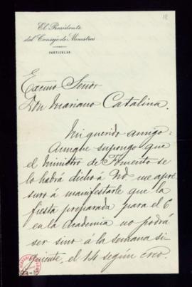 Carta de F[rancisco] Silvela, presidente del Consejo de Ministros, a Mariano Catalina, secretario...