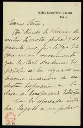 Carta de Alberto Blest Gana a Mariano Catalina en la que acusa recibo de su nombramiento como aca...