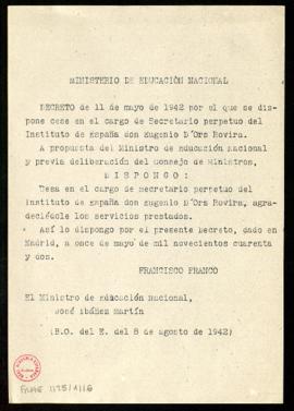 Copia del decreto de cese de Eugenio D'Ors Rovira en el cargo de secretario perpetuo del Institut...