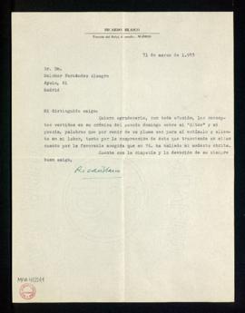 Carta de Ricardo Blasco a Melchor Fernández Almagro en la que le agradece la crítica de su obra A...