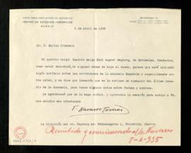 Carta de Tomás Navarro Tomás a Emilio Cotarelo en la que le pide que envíe un ejemplar del Anuari...