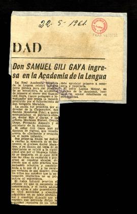 Recorte del diario Pueblo con la crónica titulada Don Samuel Gili Gaya ingresa en la Academia de ...