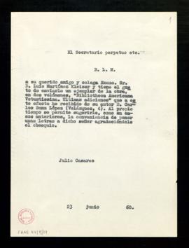 Copia del besalamano de Julio Casares a Luis Martínez Kleiser con el que le envía un ejemplar de ...