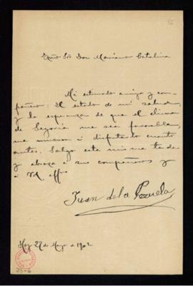 Carta de Juan de la Pezuela al secretario, Mariano Catalina, en la que le informa de su partida p...