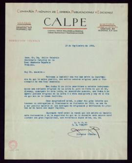 Carta del director técnico de Calpe a Emilio Cotarelo en la que insiste en que le envíe el origin...
