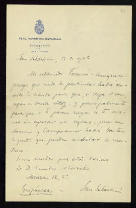 Carta de Emilio Cotarelo a Fermín [Míguez] en la que le comunica sus señas en San Sebastián y le ...