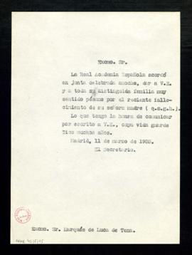 Copia sin firma del oficio del secretario al marqués de Luca de Tena de traslado del pésame de la...