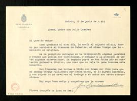 Carta de Juan Ignacio Luca de Tena, marqués de Luca de Tena, a Julio Casares para informarle de q...
