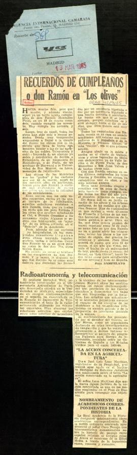 Recorte del diario Ya con el artículo Recuerdos de cumpleaños o don Ramón en Los olivos, por Juan...