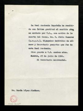 Copia del oficio del secretario accidental, Rafael Lapesa, a Ramón López Jiménez, de gratitud por...