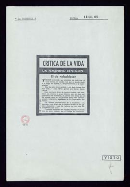 Fotocopia de un recorte de La Codorniz titulado Crítica de la vida. Un femenino renegón: El de al...