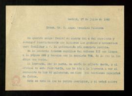 Copia de la carta de Julio Casares a Ángel González Palencia en la que le informa que, por las av...