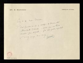 Carta de Gregorio Marañón a Julio Casares con su aprobación al discurso de contestación escrito p...