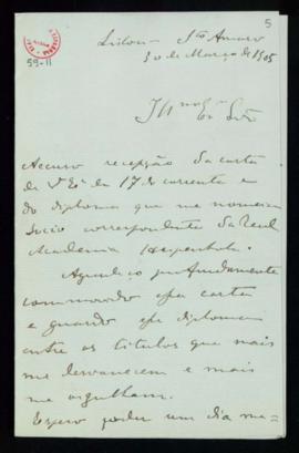 Carta del conde de Sabugosa al secretario en la que acusa recibo de su nombramiento como académic...