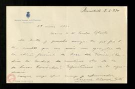 Carta de Narciso Alonso Cortés a Emilio Cotarelo en la que le solicita un ejemplar de la edición ...