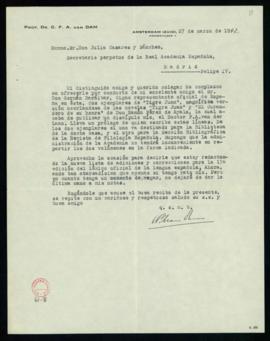 Carta de C. F. Adolf van Dam a Julio Casares con la que le anuncia el envío de dos ejemplares de ...