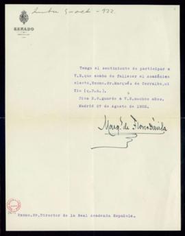 Carta del marqués de Flores Dávila al director [Antonio Maura] en la que comunica el fallecimient...