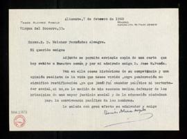 Carta de Tomás Álvarez Angulo a Melchor Fernández Almagro con la que le remite la copia de otra q...