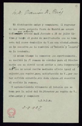 Minuta de la carta del secretario a Ramón D. Perés en la que acusa recibo de su comunicación del ...