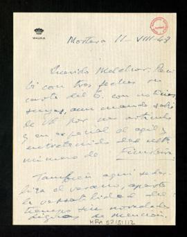 Carta de Gabriel Maura a Melchor Fernández Almagro en la que acusa recibo de la suya y le da nove...
