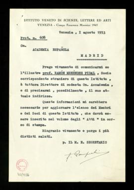 Carta del secretario del Istituto Veneto di Scienze, Lettere ed Arti la que pide las señas de Ram...
