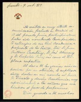 Carta del marqués de San Francisco [Manuel Romero de Terreros] a Emilio Cotarelo y Mori, secretar...