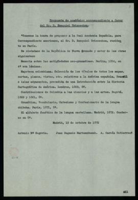 Copia mecanografiada de la propuesta de Ezequiel Uricoechea como correspondiente americano