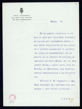 Oficio de pésame de Enrique M[arí]a Repullés y Vargas, secretario general interino de la Real Aca...