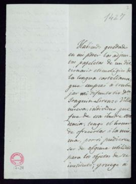 Carta de José Juan Villanueva [a Juan Nicasio Gallego] en la que ofrece a la Academia unos materi...