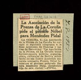 Recorte del diario Ya con la noticia La Asociación de la Prensa de La Coruña pide el Premio Nobel...