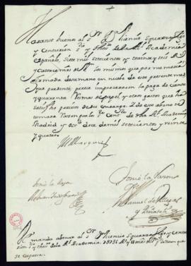 Orden del marqués de Villena de abono a Vincencio Squarzafigo de la cantidad de 78736 reales y 14...