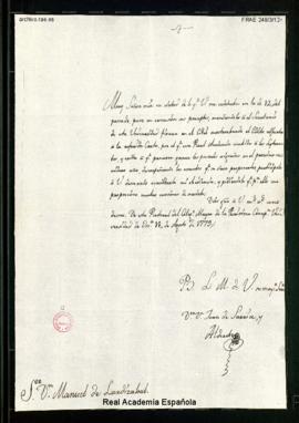 Carta de Juan de Sarriá y Alderete a Manuel de Lardizábal [y Uribe] en la que le comunica que ha ...