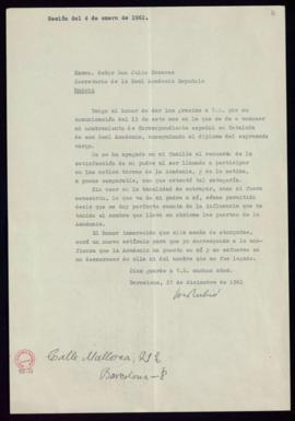 Carta de Jorge Rubió y Balaguer a Julio Casares en la que acusa recibo de su nombramiento como ac...